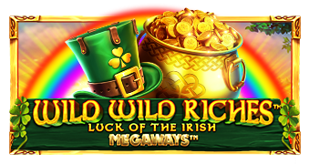 Arte oficial de la tragamonedas Wild Wild Riches Megaways de Pragmatic Play, con tréboles y grilla Megaways