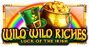 Arte oficial de la tragamonedas Wild Wild Riches de Pragmatic Play, con tréboles y ollas de oro irlandesas