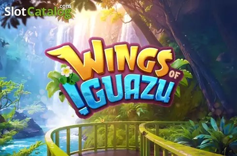 Pantalla de la tragamonedas Wings of Iguazu de PG Soft, con guacamayos azules y la selva de las Cataratas de Iguazú de fondo