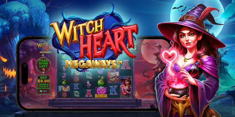 Arte oficial de la tragamonedas Witch Heart Megaways de Pragmatic Play, con una bruja y su caldero decorado con corazones