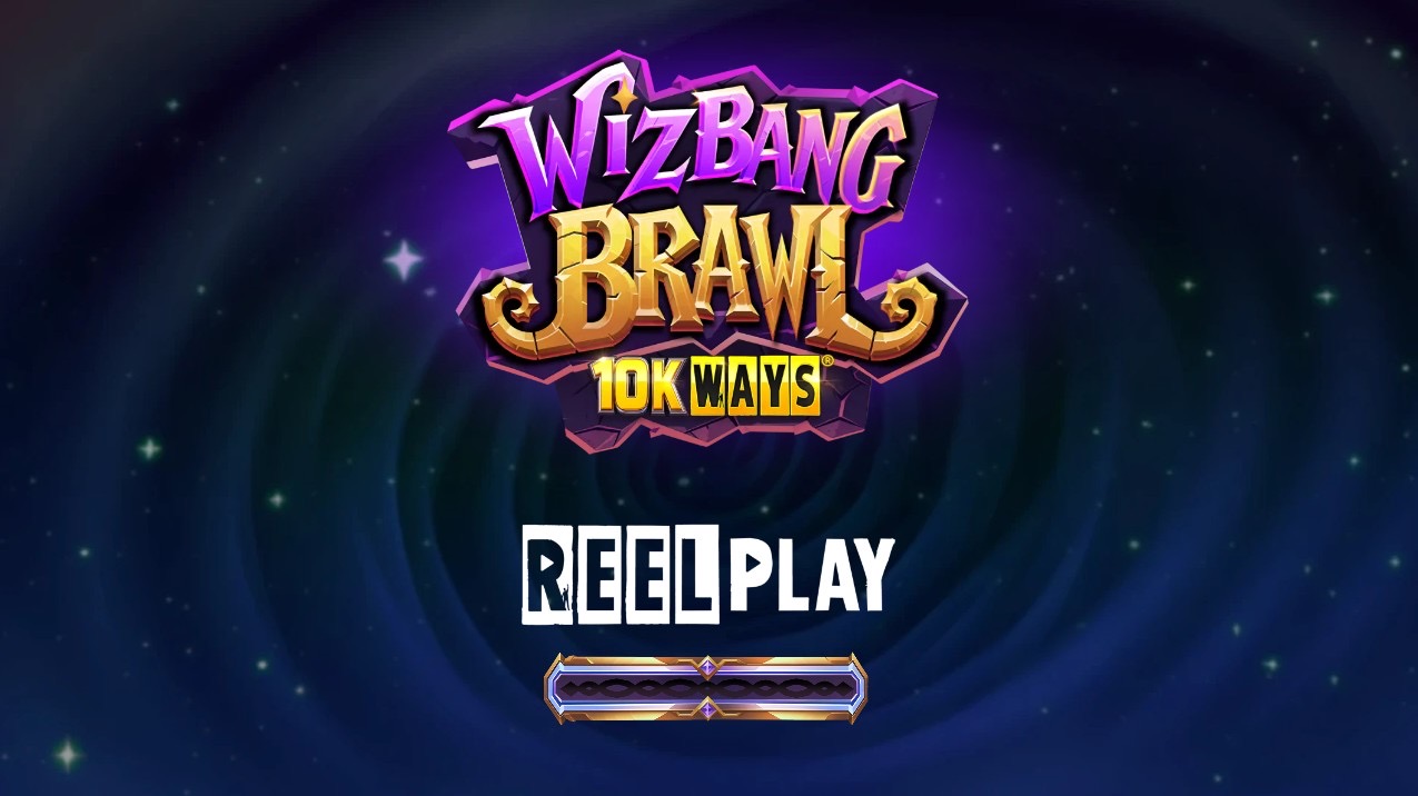 Arte promocional de la tragamonedas WizBang Brawl 10K WAYS de ReelPlay, con magos de caricatura peleando a hechizos
