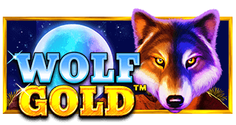 Arte oficial de la tragamonedas Wolf Gold de Pragmatic Play, con un lobo aullando bajo la luna en el desierto