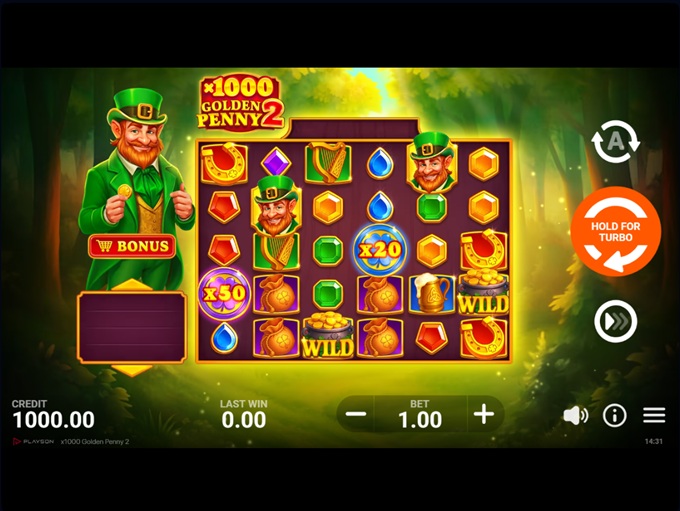 Pantalla de la tragamonedas X1000 Golden Penny 2 de Playson, con un leprechaun, tréboles y monedas doradas sobre una cuadrícula 6x5