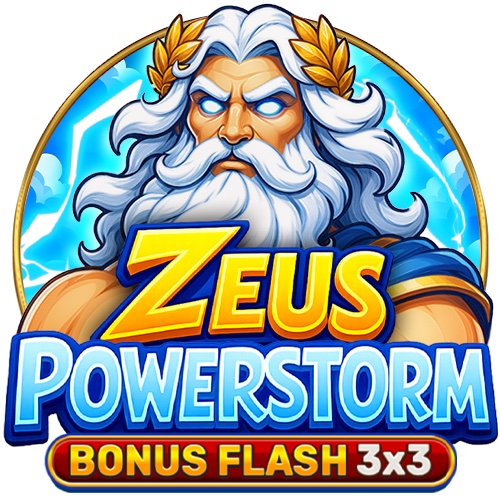 Pantalla de la tragamonedas Zeus Powerstorm Bonus Flash 3x3, con cuadrícula compacta 3x3 y efectos de rayos y tormenta alrededor de Zeus