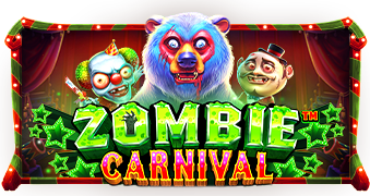 Arte oficial de la tragamonedas Zombie Carnival de Pragmatic Play, con un payaso zombi en un carnaval sombrío y cómico